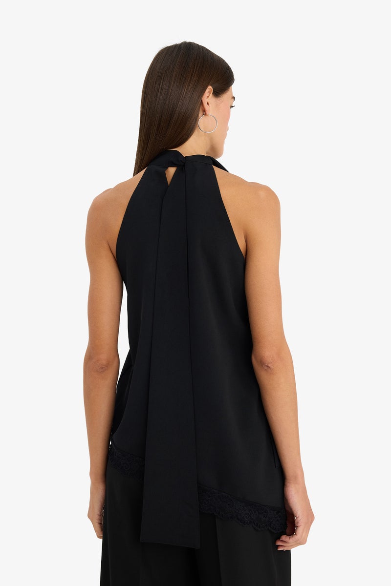 DeFacto Black Woman Halter Neck Lace Crepe Blouse Casual - Image 5